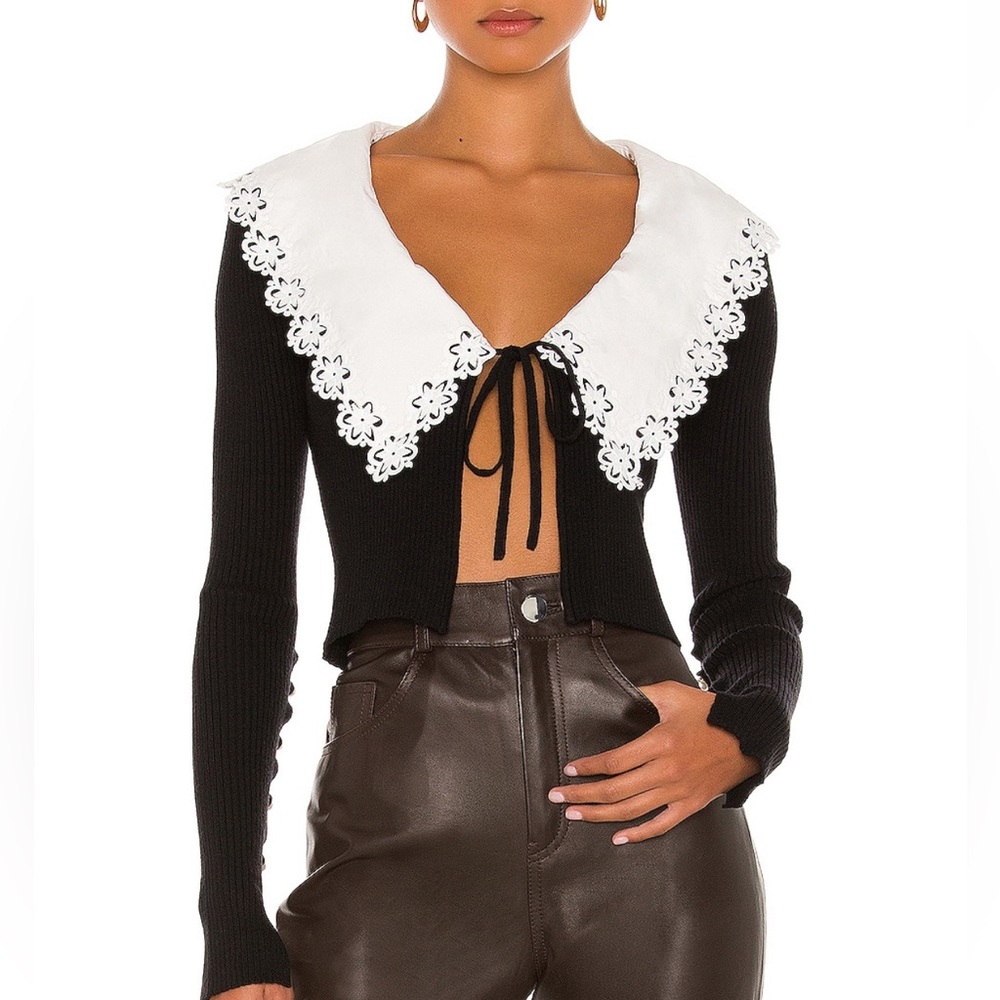 LPA Lucia Sweater in Black with Lace Collar and Tie Front